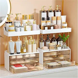StorBin 2 Sets 6 Drawers Makeup Organizer  5 Tier Bathroom Organizers and Storage, Versatile Perfume Vanity Organizer, Ideal for Cosmetic, Large Skincare, Face Mask, Office Supplies, Amber