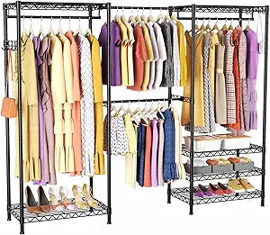 Heavy Duty Closet Garment Rack, 6 Tiers Adjustable Metal Freestanding Expandable Clothing Storage with 4 Hanger Rods, Easy to Assemble Wardrobe, 71.4" H x (70" - 88.2") L x 14" D, Black