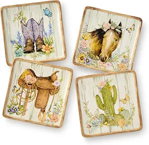 Rosewood 6-Inch Canape Plates, Set of 4, Western-Inspired Designs with Floral Cowboy Boots, Saddle, Cactus & Horse, Rustic Wood-Grain Background, Durable Ceramic for Appetizers & Desserts