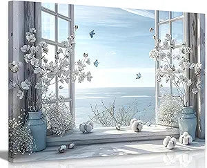 Coastal Flower Bathroom Canvas Wall Art Farmhouse Cotton Bouquet and Butterfly Bathroom on Window Wall Decor Rustic Blue Beach Butterfly Poster Print for Living Room Bedroom Restroom Home Decoration