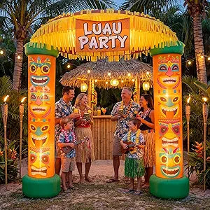 8.5 FT Tiki Luau Party Inflatable Archway Decoration Giant Hawaiian Blow up Yard Decorations with Built-in LEDs for Summer Tiki Luau Party Indoor Outdoor Beach Garden Decor(Classic)