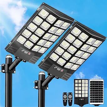 2 Pack Solar Street Lights Outdoor Waterproof, 100000LM Solar Powered Parking Lot Lights Large Street Light Dusk to Dawn with Motion Sensor, LED Flood Light Wide Angle Lamp for Patio and Parkling Lot