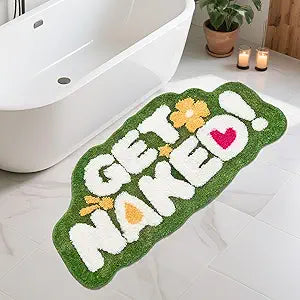 Get Naked Green Bathroom Rug  Funny Plush Non-Slip Bath Mat, 20x40 Absorbent Quick-Dry Microfiber, Cute Flower & Heart Design, Humorous Decor for Bathtub, Bedroom, Shower