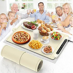 Food Warming Mat Electric Tray: Adjustable Silicone Heating Pad with 3 Temperature Settings 4 Timer Function Portable Roll Up Hot Plate for Buffets Party Gatherings Kitchen Warmer Countertop Holiday