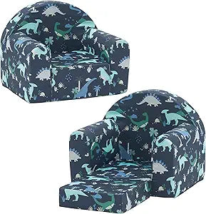 Ulax furniture Kids Sofa Couch, 2-in-1 Flip Out Toddler Couch, Baby Lounge Chair (Navy Dinosaur)