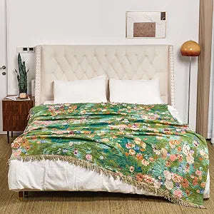 Ownkoti Boho Throw Blanket for Bed 90"x 90" Quilted Cotton Reversible Green | Soft, Breathable, Warm, Protects Your Sofa, Artistic, Bohemian Style Design