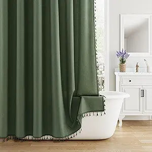 Nanspring Olive Green Boho Linen Shower Curtain for Bathroom Luxury Fancy Modern Rustic Fabric Shower Curtain Set with Hooks Farmhouse Hotel Style Bath Accessories Decor Water Repellent 72x72