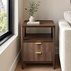 Night Stand with Charging Station, 2 Drawers Modern Bedside Tables with Storage, Fluted Nightstand for Bedroom and Living Room(Walnut Brown)