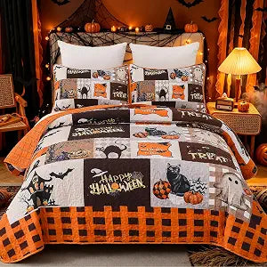 Menghomeus Halloween Quilt Set King Size Fall Patchwork Bedspread 3Pcs