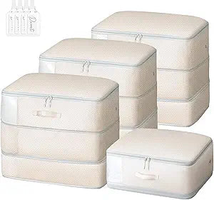 Comforter Storage Bag - Large Capacity Blanket Storage Bags 3-Layer Ultra Space Saving Self Compression Organizer, Washable Compression Bags for Storage Comforter Blanket, 4-Pack, Beige