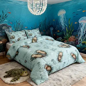 Manfei Cartoon Otters Boys Comforter Set Full Size,Seaweed Jellyfish Sea Animals Bedding Set 3pcs for Kids Teens Home Room Decor,Ocean Lake Girly Quilt Set,Kawaii Teal Duvet Insert,2 Pillowcases