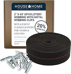 House2Home Replacement Elastic Webbing Kit to Repair Sagging Couch, Chair, Lawn,and Patio Furniture, Includes Installation Instructions, 2 Inch Wide x 60 Ft. Metal Webbing Clips