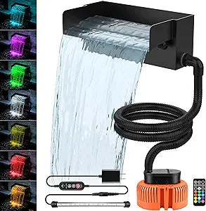 Pond Waterfall Spillway with LED Lights - 12-inch Stainless Steel Spillway and 850GPH Submersible Pump with Cover for Garden, Ponds, Backyard, Pool