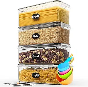Chef's Path Airtight Food Storage Containers with Lids (Set of 4/3.6 Liters Each), Plastic Spaghetti Container for Pasta & Dry Food Storage, BPA Free Pantry Organizer Set with Kitchen Accessories