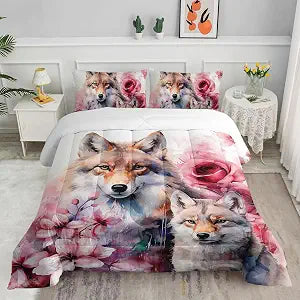 Axolotl 3Pcs Wolf Comforter Set Twin Size Pink Rose Flower Bedding Set 2 Wolves with Romantic Flowers Bedding Set for Women Mother Wildlife Quilt Botanical Room Decor 1 Comforter with 2 Pillowcases