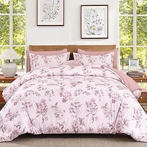 Dinjoy Floral Comforter Set Queen, 7 Piece Pink Bedding with Sheet Elegant Bed in a Bag with Botanical Flowers Lightweight Watercolor Comforters Modern Decor for All Season