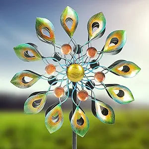 63 Inch Kinetic Wind Spinners with Stake, Metal Windmill Garden Decorations, 360 Swivel Peacock Outdoor Wind Sculpture, Dual Direction Wind Catcher for Yard Art, Lawn Decor, Idea Gifts