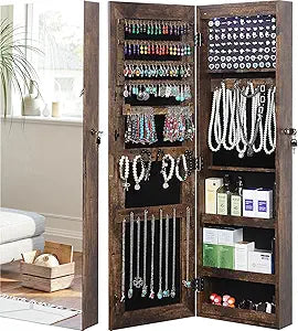 GISSAR Full Length Mirror Jewelry Cabinet, 6 LEDs Jewelry Armoire Wall Mounted Over The Door Hanging, Jewelry Organizer Display Storage Furniture with Lights Locker Mirrored Cabinet, Vintage Brown