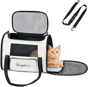 BurgeonNest Pet Carrier for Large Cats, Soft-Sided Cat Carrier for Big Cats and Small Dogs Up to 20 lbs, Top Loading Collapsible Escape-Proof Travel Cat Bag with 4 Mesh Windows & Side Storage, Beige