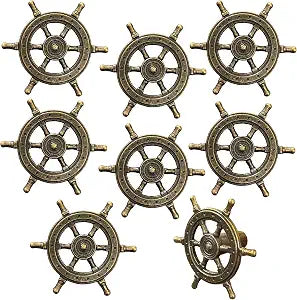 8Pcs Bronze Retro Nautical Ship Rudder Wheel Cabinet Knobs Zinc Alloy Vintage Beach Boat Steering Wheel Drawer Pulls 2" Coastal Kitchen Handles for Cupboard Dresser Furniture Door