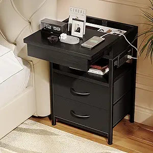 Lazzanto Nightstand Hidden Drawer Charging Table - Night Stand with Charger Station and Sliding Top Storage, Morden Bedside Table with 2 Fabric Drawers, for Dorm Living Room Bedroom, Black