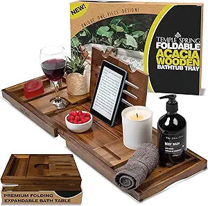 Temple Spring Foldable Bathtub Tray, Unique Design Selfcare Bathroom Caddy, Acacia Spa Bathroom Tray, Wooden Bathtub Accessories, Wedding Gift/Birthday Gift/New Home Bath Table  Not Teak