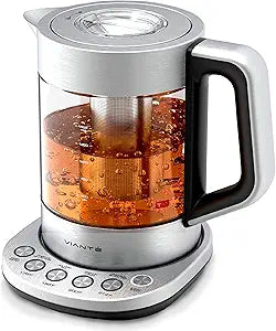 Viante Alba Electric Tea Kettle with Infuser, No Plastic In Contact With Water, 1.5L Borosilicate Glass, 304 Stainless Steel, 4 Temperature Presets, Keep Warm, Cordless, Auto Shut-Off