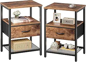 Huuger Nightstand Set of 2, Night Stand with Fabric Drawer, Mesh Shelf, Side Table with Storage, Fabric Drawer Dresser, Open Shelf, Metal Frame, Bedroom, Rustic Brown