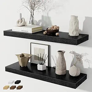 Fun Memories Black Floating Shelves for Wall Set of 2, 28" Black Floating Shelves for Home Decor, Rustic Wood Wall Mounted Shelf, Hanging Deep Shelf for Living Room, Bedroom, Bathroom, Kitchen