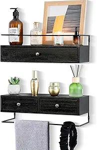 dreampossible 2-Pack Rustic Floating Shelves with Drawer, Black, 15.8 Inch Long, Wall-Mounted, Bathroom, Kitchen, Living Room Storage