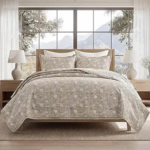 EVERGRACE Cotton Quilt Set King Size, 100% Cotton Reversible Lightweight Bedspread Coverlet, Vintage Floral Farmhouse Bedding, Traditional Botanical Quilt with 2 Pillow Shams, Sandstone Beige 108"96"