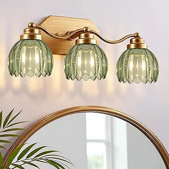 VbiTmn Gold Bathroom Light Fixtures, 3 Light Vintage Vanity Lights, Antique Brass Brushed Gold Finish, Crystal Green Glass Shade, Mid Century Wall Sconces for Bedroom, Living Room, Hallway