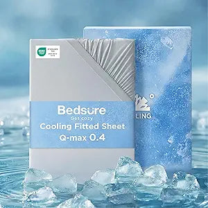 Bedsure Cooling Fitted Sheet Queen Size for Hot Sleeper, Queen Fitted Sheet Only with 360 Elastic Corner Straps, Q-Max 0.4, Temperature Regulation Bedding for Night Sweats, Up to 16" Deep, Grey