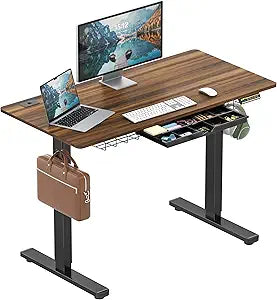 SHW 48-Inch Electric Height Adjustable Standing Desk with Drawer, Memory Preset and Cable Management Tray, Walnut