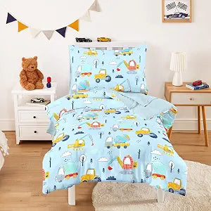 Wake In Cloud - Toddler Bedding Set for Boys, Excavator Tractor Truck Car, 4 Pieces Soft Crib Bed Set Including Comforter, Sheets and Pillowcase, Light Blue