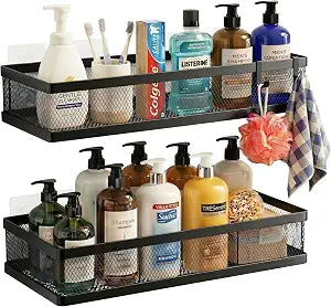 PUSDON Mesh Shower Caddy Wall Mount, Heavy Duty Adhesive Bathroom Shelf Organizer, Rustproof Floating Spice Rack for Kitchen Pantry, Holds 50 LBS, Multi-Purpose Storage Black-2 Packs (Netting)