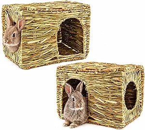 HERCOCCI Extra Large Grass House for Rabbit, Foldable & Comfortable - Small Animal Hut Play Hideaway Bed Hay Mat Chew Toy for Bunny Guinea Pig Hamster Chinchilla (2 Pack)