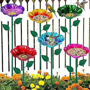 LemonRoad 6 Pcs Metal Bird Baths for Outdoors Flower Pattern Bird Bath Feeders with Metal Stake for Garden Yard Lawn Outdoor Decor