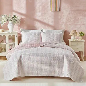 Joyreap 2 Pieces Twin Size Floral Cotton Quilt Set for Girls, Pink Stripes Floral Design, Cozy Lightweight Cotton Quilt Bedspread Bed Cover for All Season- 68x88 inches