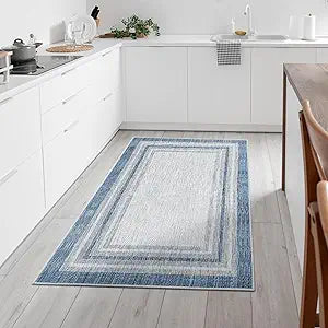 Beeiva Bordered 3x5 Washable Rug,Modern Printed Area Rug for Entryway Non Slip Indoor, Blue Non Shedding Entryway Ultra Thin Carpet for Office Bedroom Living Room Decor