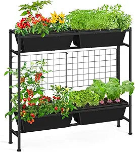 OYEAL Raised Garden Bed 32" Tall Elevated Planter Boxes with Trellis & Legs, Vertical Herb Garden Planter Outdoor for Gardening, Vegetables, Flowers, Herbs, Backyard, Black