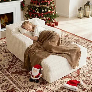 45'' Chaise Lounge Chair Indoor, Corduroy Upholstered Boneless Sofa Bed, Deep Seat Sleeper Couch Reading Chairs, Small Comfy Cloud Sofas Couches for Living Room, Bedroom, Movie Room (Beige)