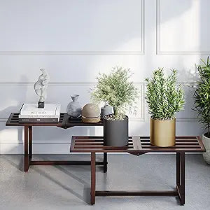 Plant Stand Indoor Outdoor, Foldable Metal Plant Shelf for Multiple Pots, Mid Century Slatted Bench for Patio Garden, Heavy Duty Capacity 330 lbs 2 Pack Coffee