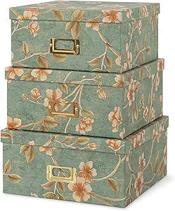 Soul & Lane Decorative Cardboard Storage Boxes - Set of 3 Square Stacking Boxes with Lids and Gold Label Holders, Nesting Photo Storage for Decor and Organizing, Botanical Sage