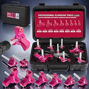 8Pcs PVC Pipe Reamer Kit  Tungsten Carbide Triple Blades 6x Faster Reaming For 3/4", 1", 1-1/4", 1-1/2", 2", 2-1/2", 3", 4" Pipes  Works with 1/2" Drill With Box  Professional Plumbing Tool
