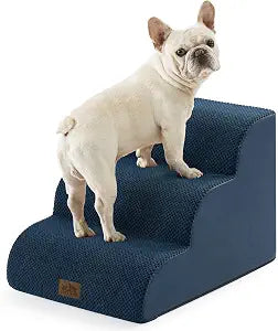 COZY KISS Wide Dog Stairs for Small Dog 15.7" H, Pet Step for Puppy, Older Cat, Curved Ramp for Couch, Durable Anti-Slip Ladder with High Density Foam, 3 Step, 17.7x22.4x15.7 inch, Navy Blue
