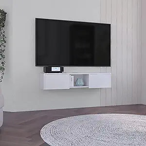 Tuhome Glen Floating TV Stand Wall-Mounted Media Console with Dual Side Storage Doors, Central Open Shelf, Integrated Cable Management System and Modern Space-Saving Design for Living Rooms