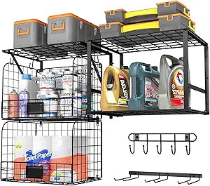 ThreeHio Garage Shelf Wall Mounted with Wire baskets, Heavy Duty Garage Wall Shelving with Garden Tool Rack and Hooks, Wire Shelf Baskets Tool Organizer for Home Garden Yard Organization and Storage