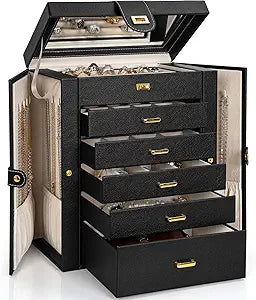 AKOZLIN Jewelry Box Organizer Functional Leather Jewelry Storage Case for Women Girls Ring Necklace Earring Bracelet Holder Organizer with Mirror Black