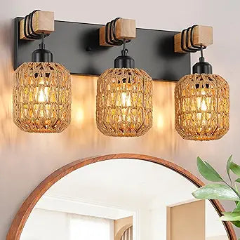 LmnLvn Farmhouse Bathroom Light Fixture, Boho Vanity Light, 3-Light Rattan Bathroom Light Fixture Over Mirror Rustic Vanity Lighting with Handwoven Shades, Suit for Restroom, Bedroom, Hallway